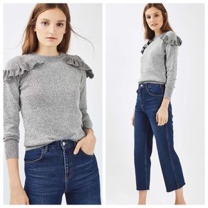 Topshop Gray Ruffle Shoulder Sweater
